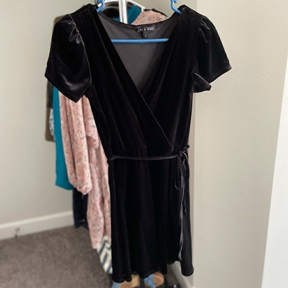As U Wish Black Velvet Dress with Waist Tie